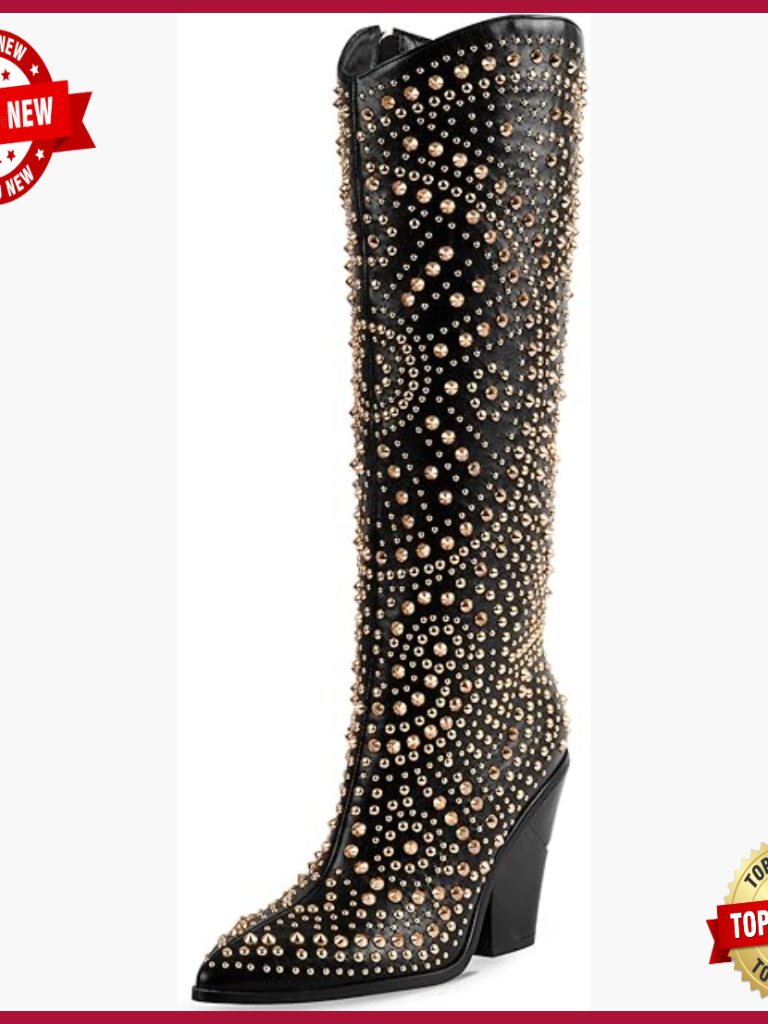 Pointed Toe Studded Knee High Boots With Chunky Heel Size 5-12